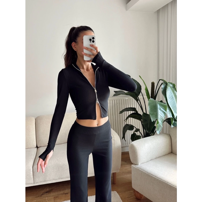 Çift Fermuar Crop & Pantolon Takım - SİYAH