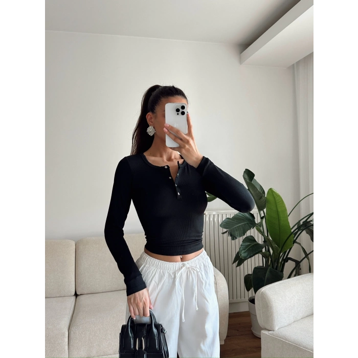 Çıtçıtlı Basic Crop - SİYAH