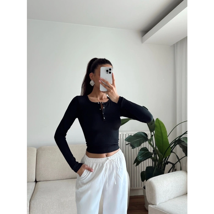 Çıtçıtlı Basic Crop - SİYAH