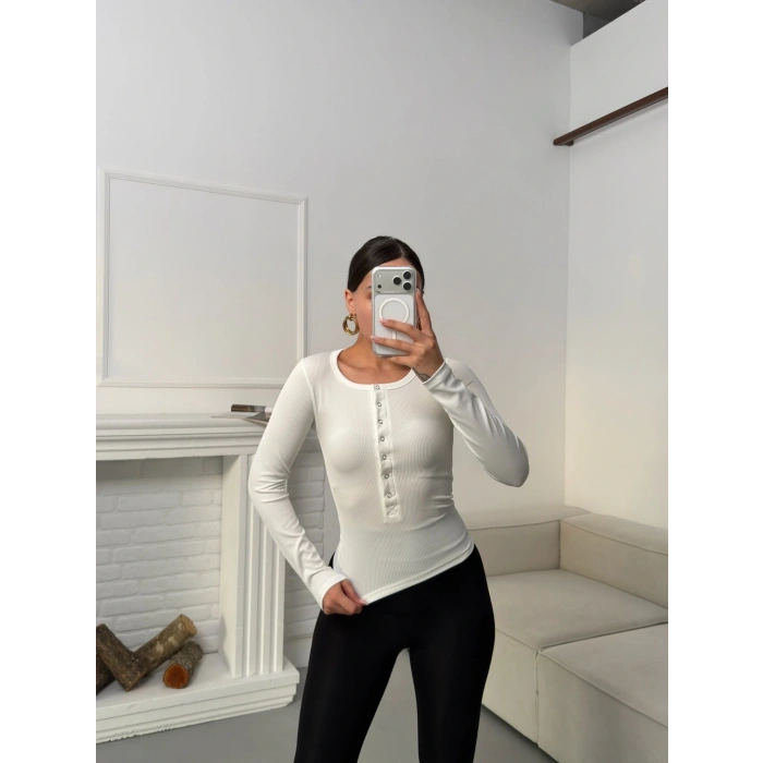 Çıtçıtlı Fitilli Bluz - BEYAZ