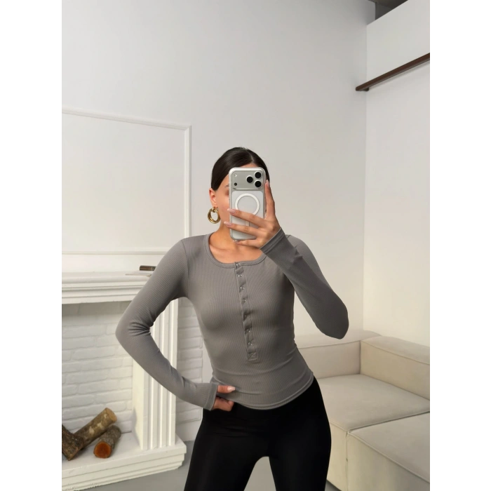 Çıtçıtlı Fitilli Bluz - GRİ