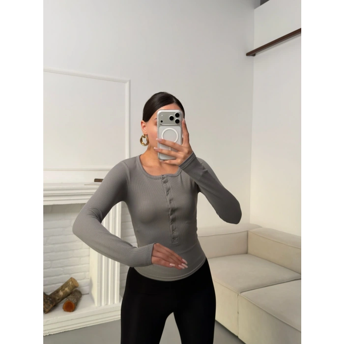 Çıtçıtlı Fitilli Bluz - GRİ