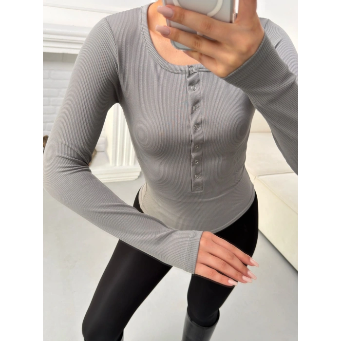 Çıtçıtlı Fitilli Bluz - GRİ