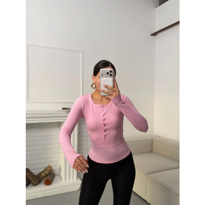 Çıtçıtlı Fitilli Bluz - PEMBE