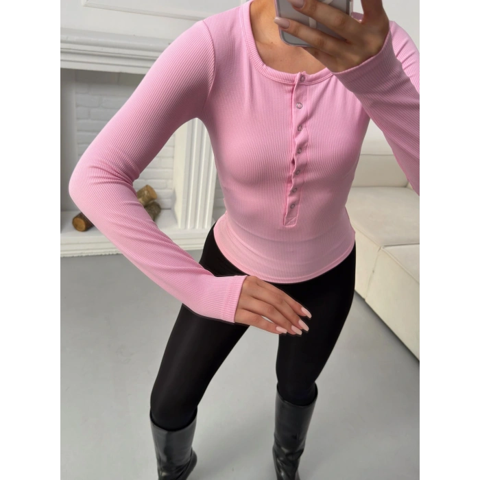 Çıtçıtlı Fitilli Bluz - PEMBE