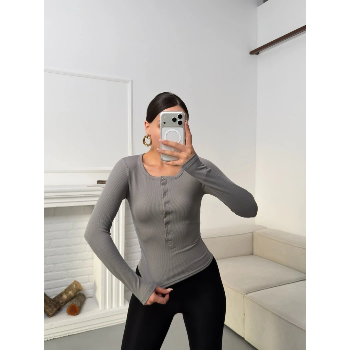 Çıtçıtlı Fitilli Bluz - GRİ