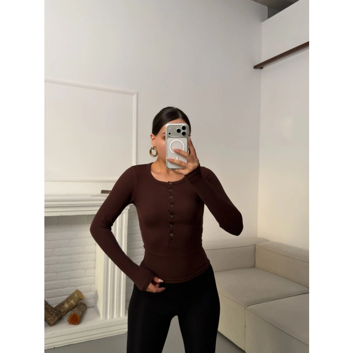 Çıtçıtlı Fitilli Bluz - KAHVE
