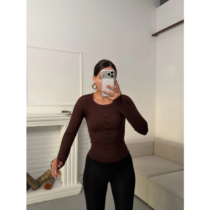 Çıtçıtlı Fitilli Bluz - KAHVE