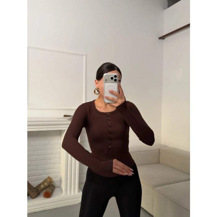 Çıtçıtlı Fitilli Bluz - KAHVE