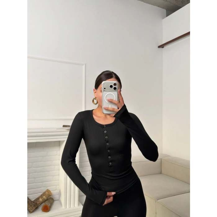 Çıtçıtlı Fitilli Bluz - SİYAH