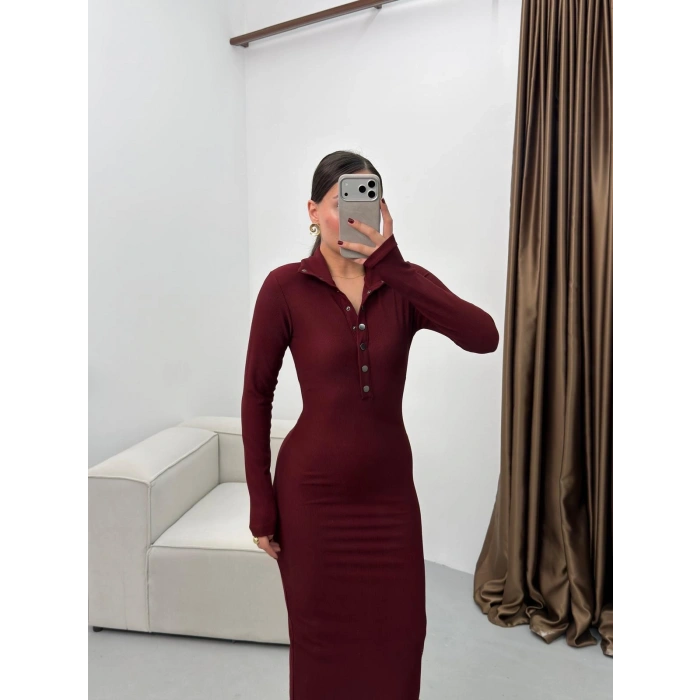 Çıtçıtlı Ottoman Long Elbise - BORDO