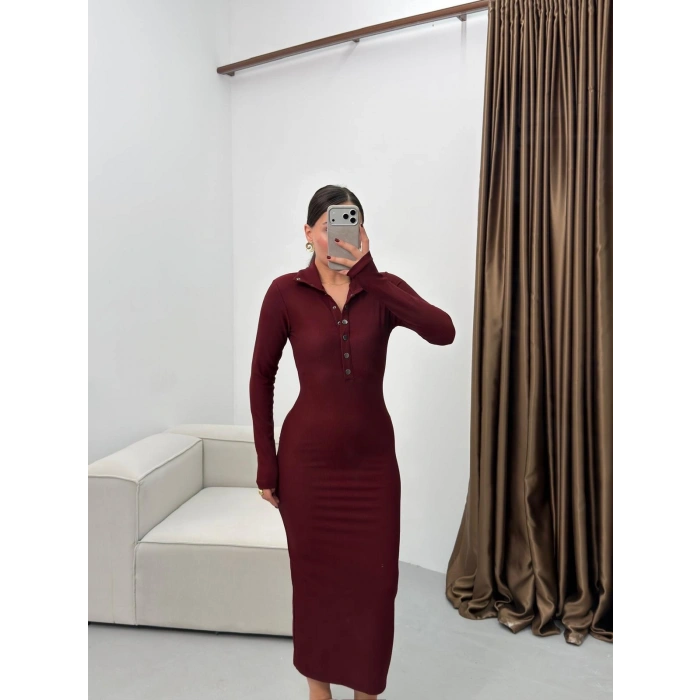 Çıtçıtlı Ottoman Long Elbise - BORDO
