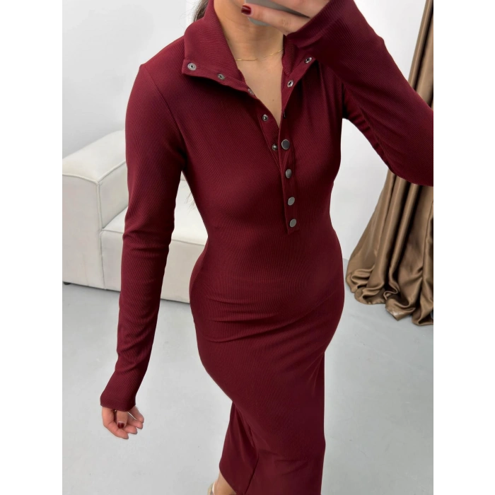 Çıtçıtlı Ottoman Long Elbise - BORDO