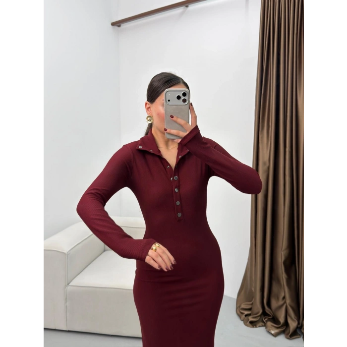 Çıtçıtlı Ottoman Long Elbise - BORDO