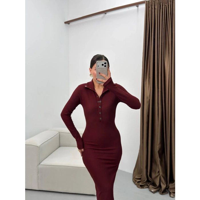 Çıtçıtlı Ottoman Long Elbise - BORDO