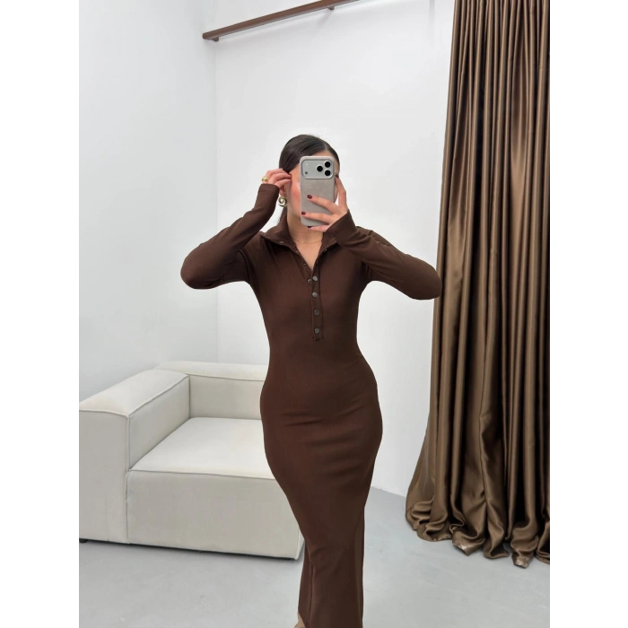 Çıtçıtlı Ottoman Long Elbise - KAHVE