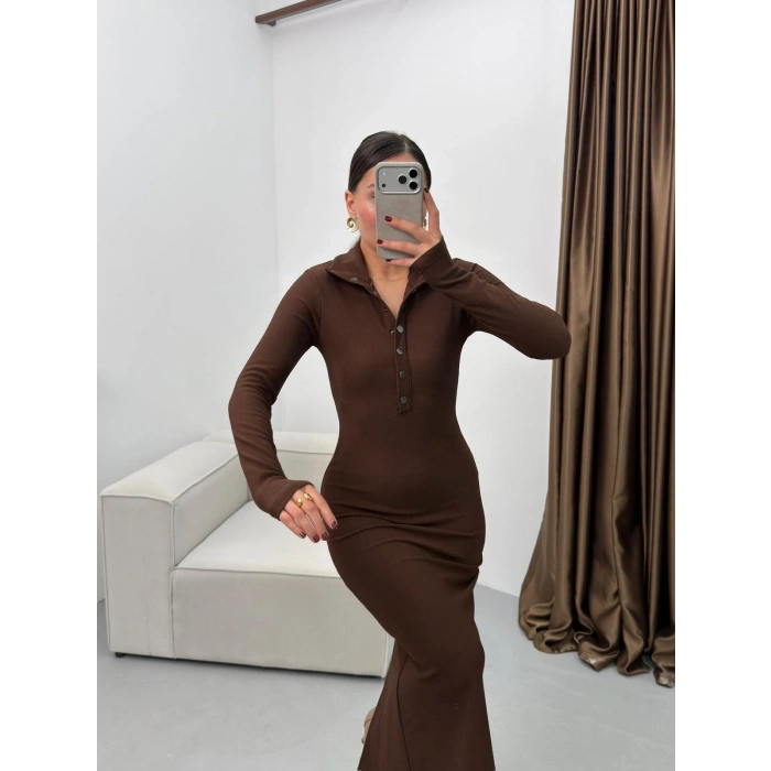 Çıtçıtlı Ottoman Long Elbise - KAHVE