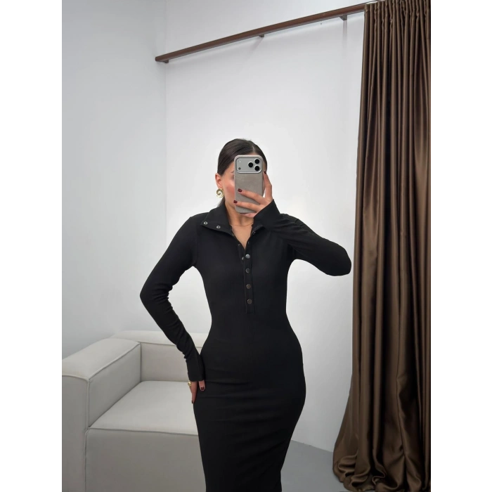 Çıtçıtlı Ottoman Long Elbise - SİYAH