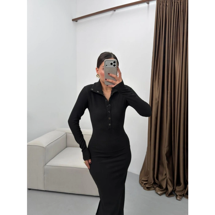 Çıtçıtlı Ottoman Long Elbise - SİYAH