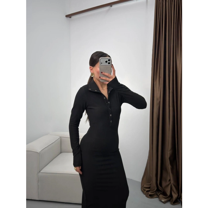 Çıtçıtlı Ottoman Long Elbise - SİYAH