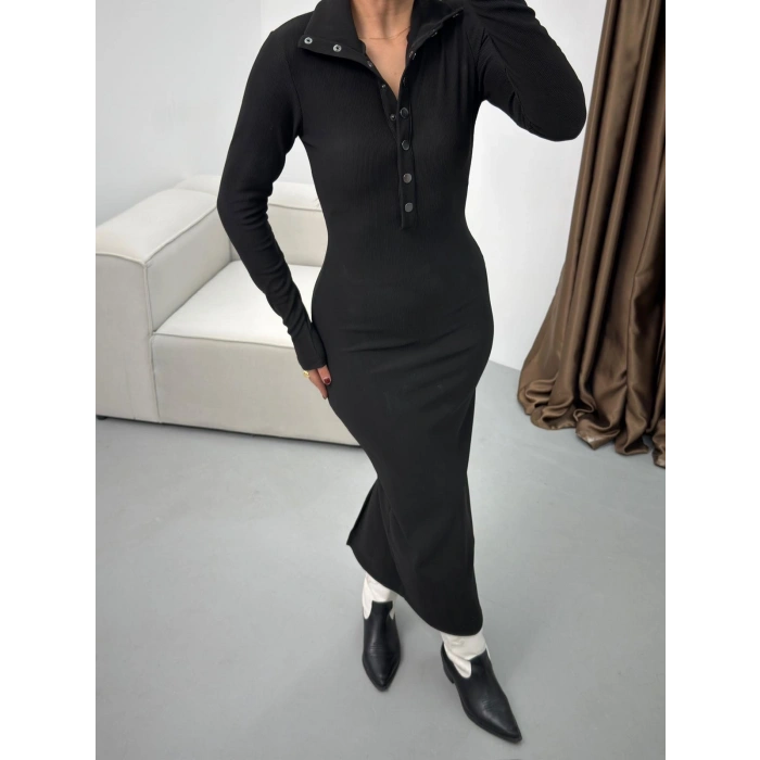 Çıtçıtlı Ottoman Long Elbise - SİYAH