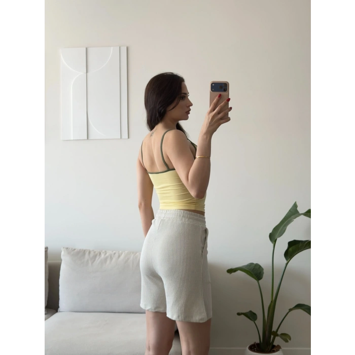 Double Çizgili Şort - BEJ