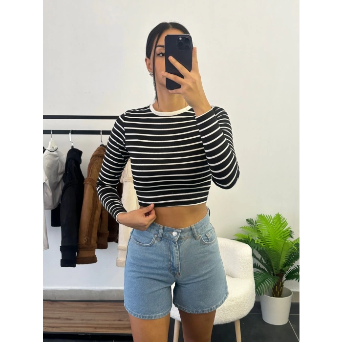 Çizgili Crop Bluz - SİYAH