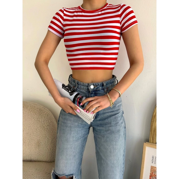 Çizgili Crop T-shirt-BEYAZKIRMIZI