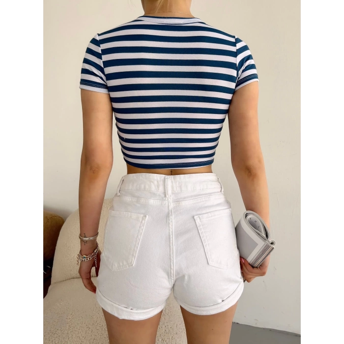 Çizgili Crop T-shirt-BEYAZMAVİ