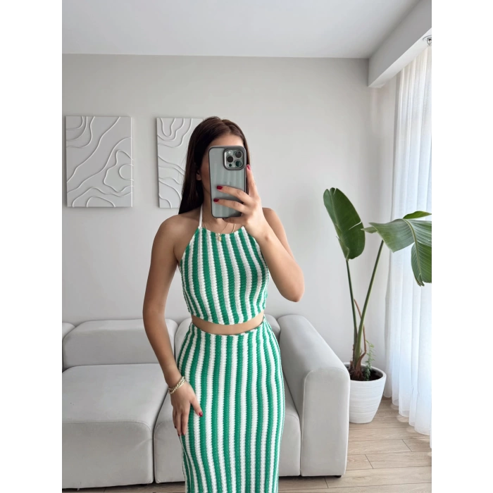 Çizgili Crop & Yırtmaçlı Etek Takım - YEŞİL