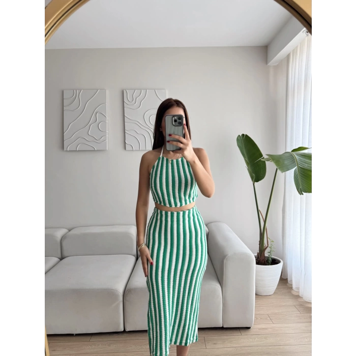 Çizgili Crop & Yırtmaçlı Etek Takım - YEŞİL