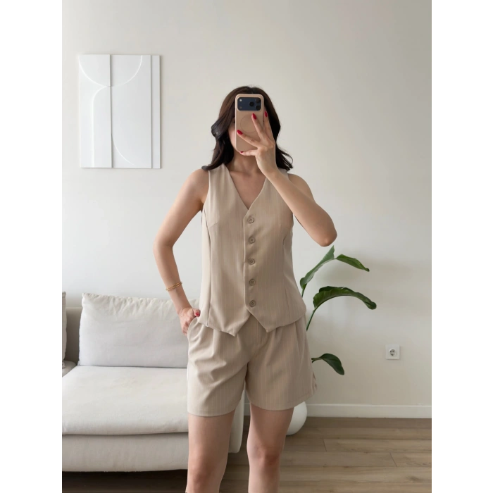 Çizgili Double Şortlu Takım - BEJ