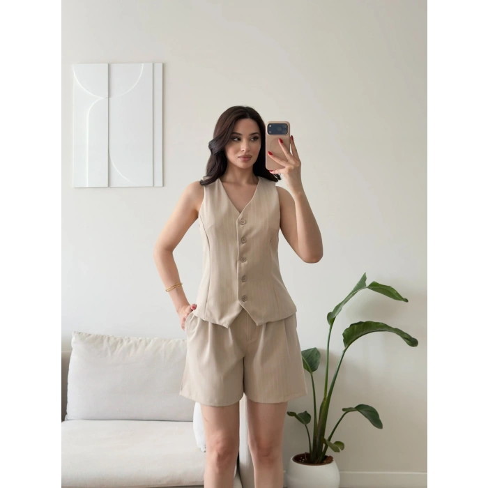 Çizgili Double Şortlu Takım - BEJ