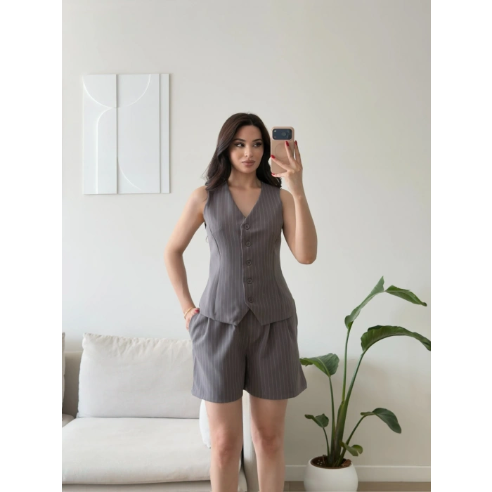 Çizgili Double Şortlu Takım - GRİ
