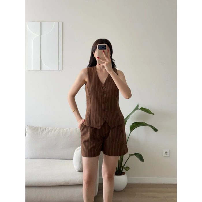 Çizgili Double Şortlu Takım - KAHVE