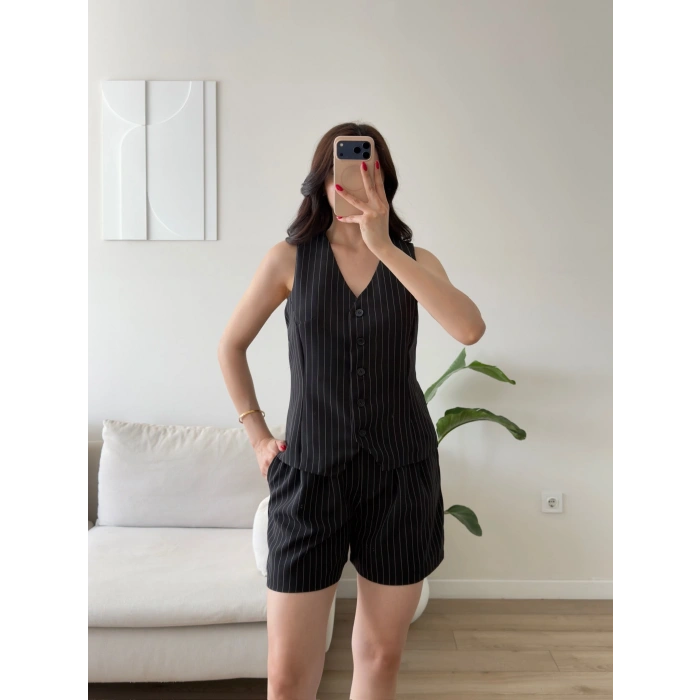 Çizgili Double Şortlu Takım - SİYAH