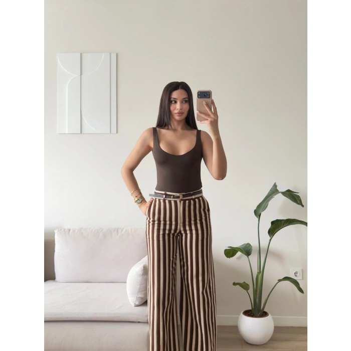 Çizgili Gabardin Pantolon - KAHVE