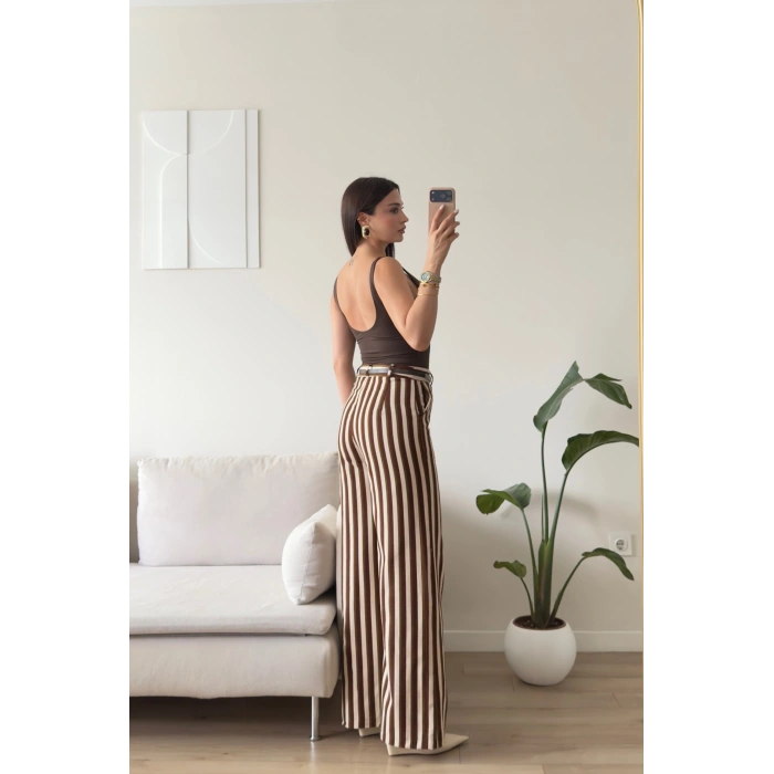 Çizgili Gabardin Pantolon - KAHVE