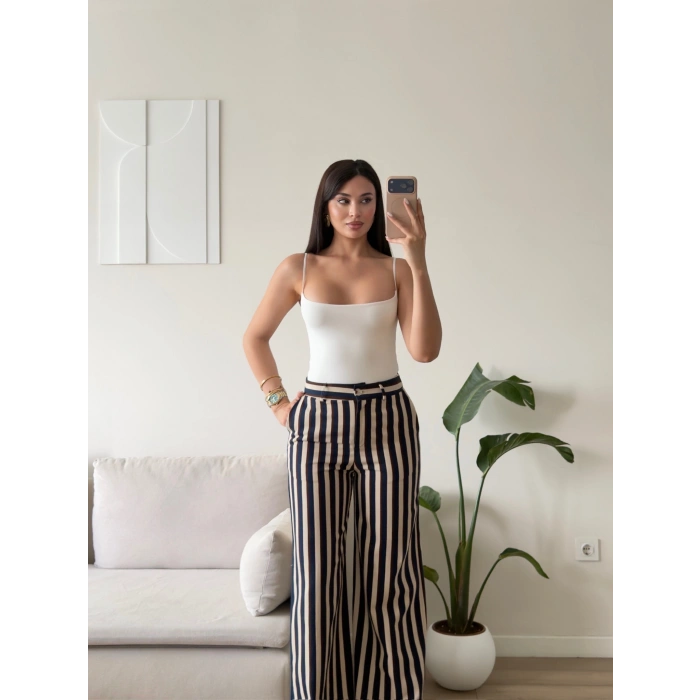 Çizgili Gabardin Pantolon - LACİVERT