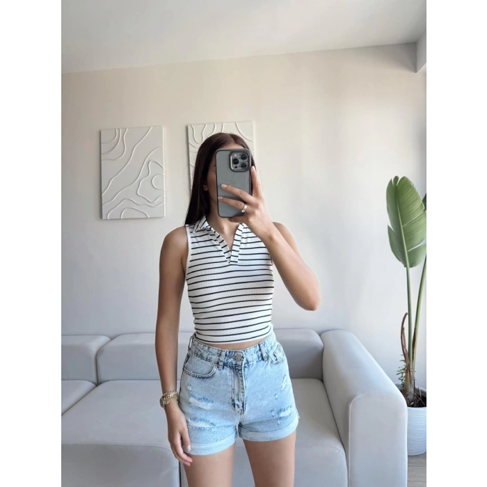 Çizgili Halter Crop - BEYAZ