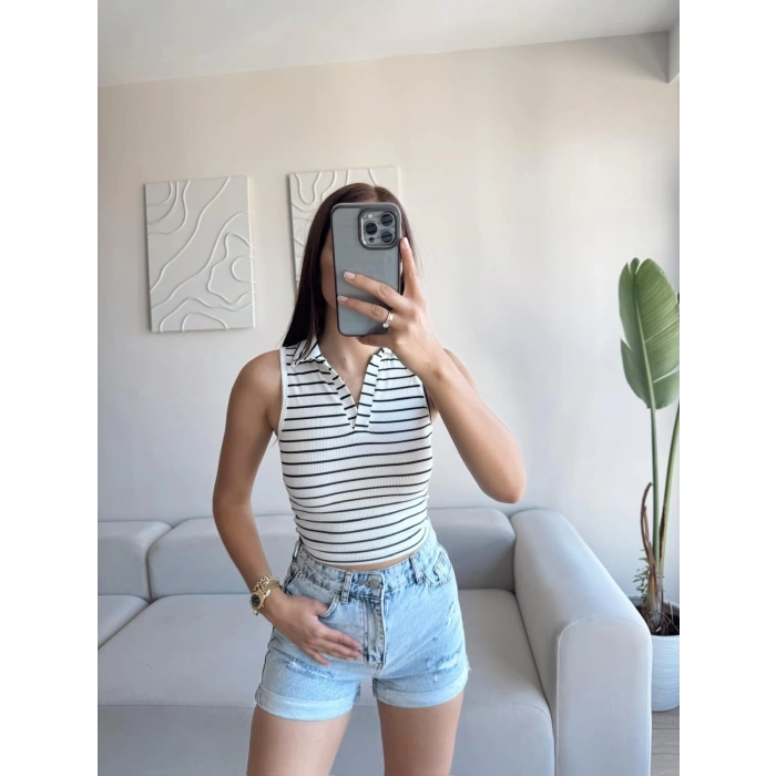 Çizgili Halter Crop - BEYAZ