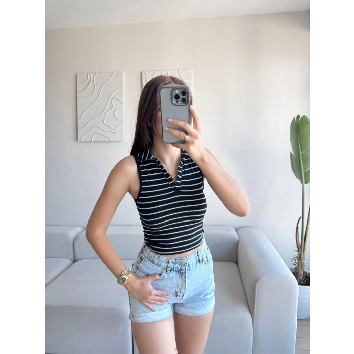 Çizgili Halter Crop - SİYAH