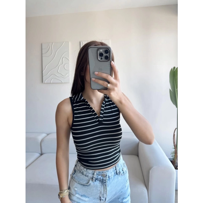 Çizgili Halter Crop - SİYAH