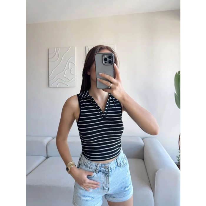Çizgili Halter Crop - SİYAH