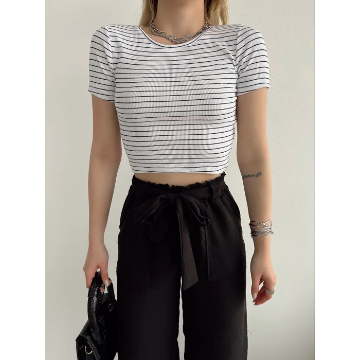 Çizgili Kaşkorse Crop Tshirt - BEYAZ