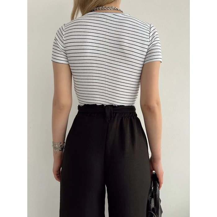 Çizgili Kaşkorse Crop Tshirt - BEYAZ