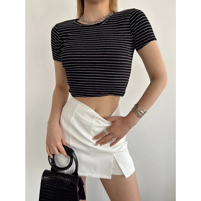 Çizgili Kaşkorse Crop Tshirt - SİYAH