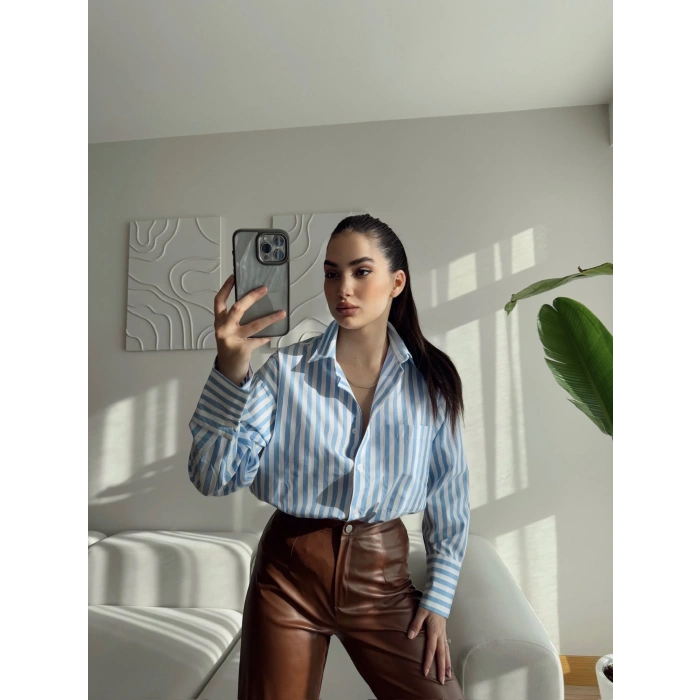 Çizgili Oversize Gömlek - MAVİ