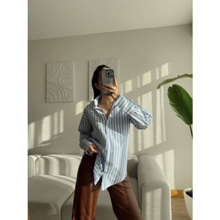 Çizgili Oversize Gömlek - MAVİ
