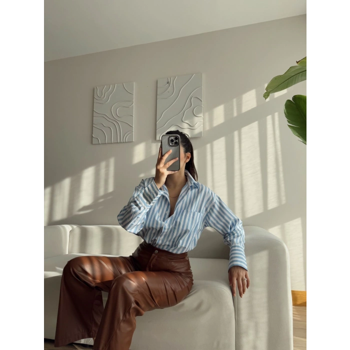 Çizgili Oversize Gömlek - MAVİ